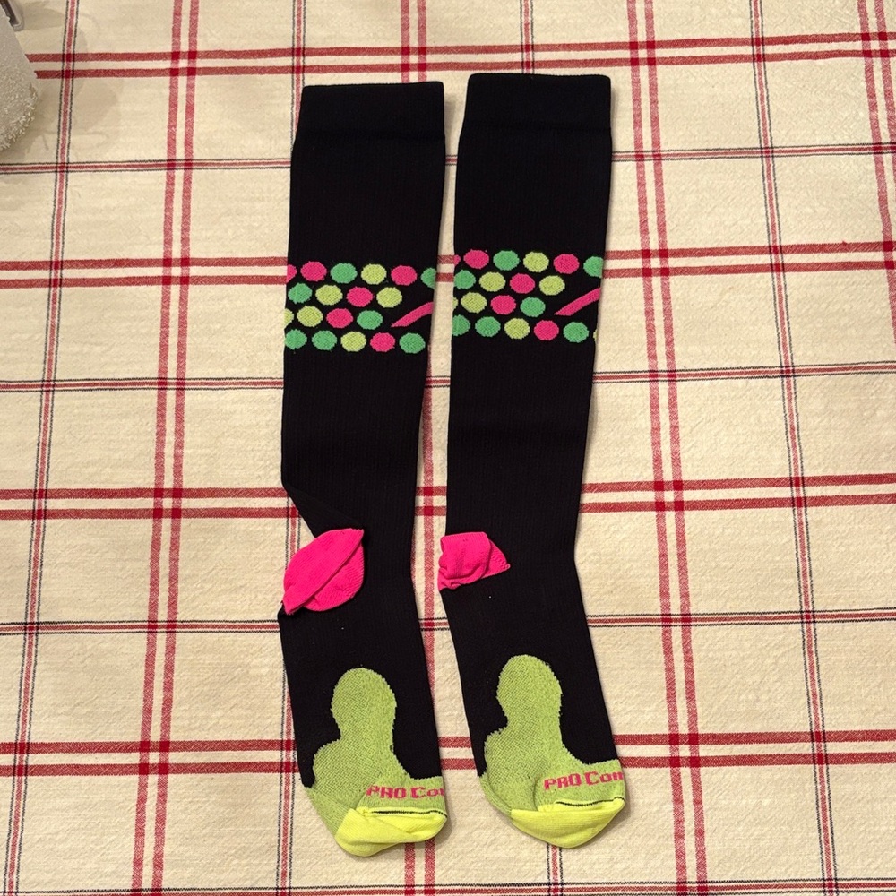 Black Knee-High Socks with Pink and Green Dots